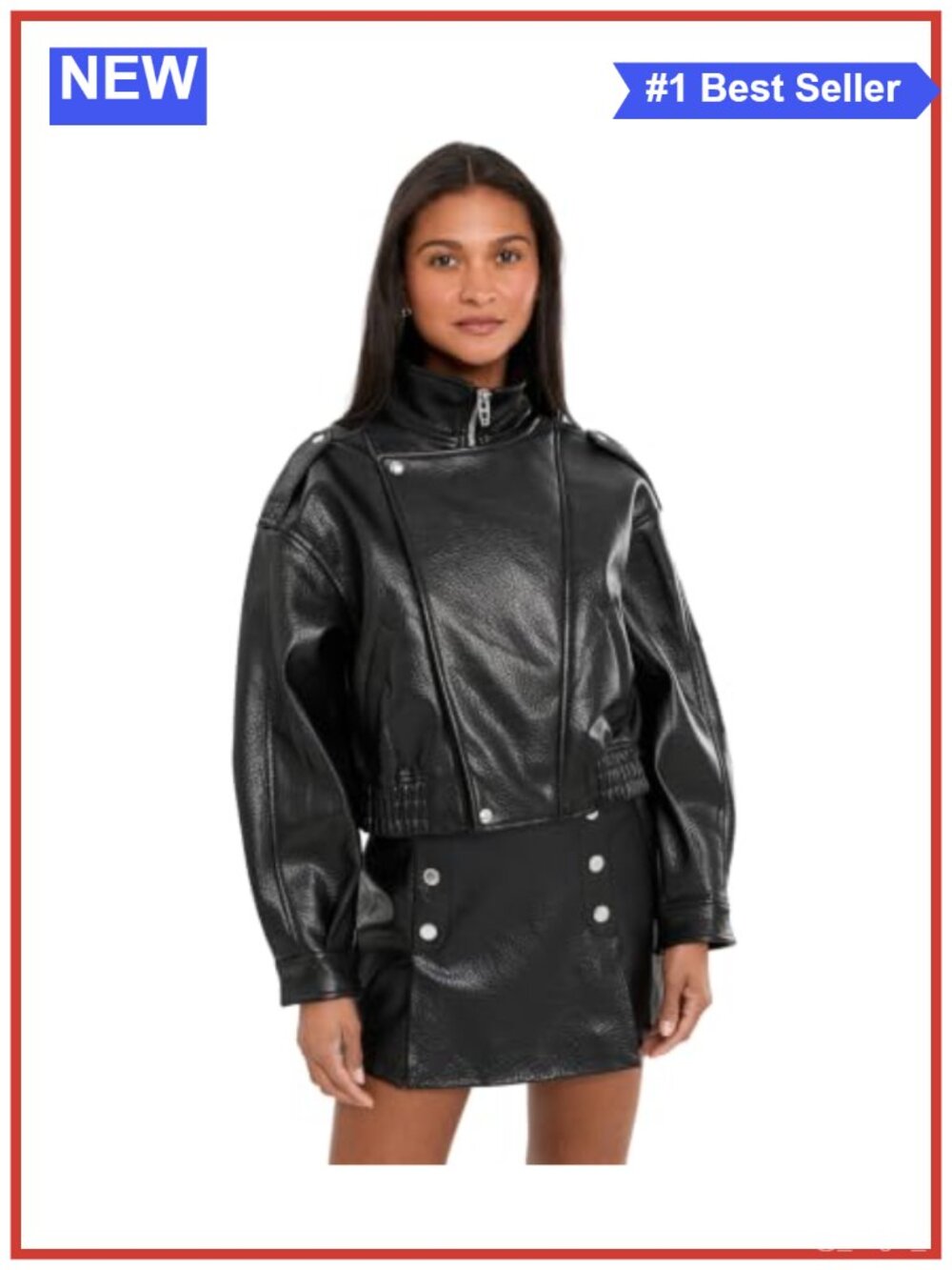 Oversized Vegan Leather Bomber Jacket Zip Front Mock Neck